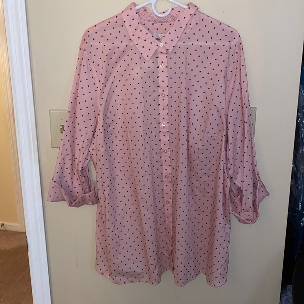 Talbots Woman Plus Size 3X Pink Black Polka Dot Button Down Shirt